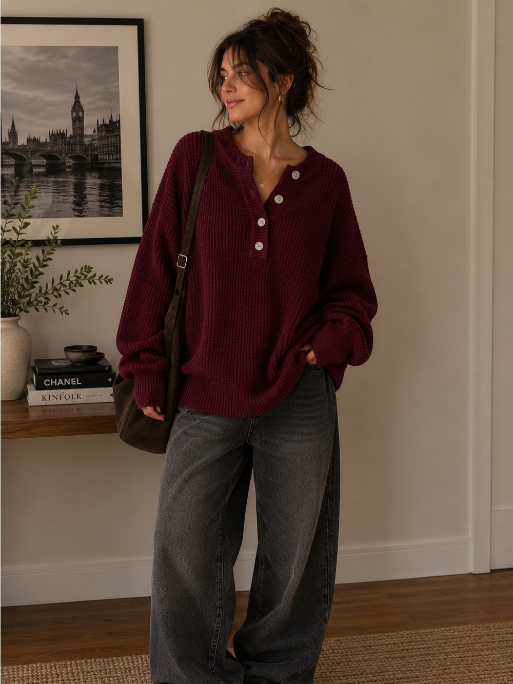 Natural Reflections Burgundy Henley Waffle Knit Shaker Stitch Sweater Size L-2X